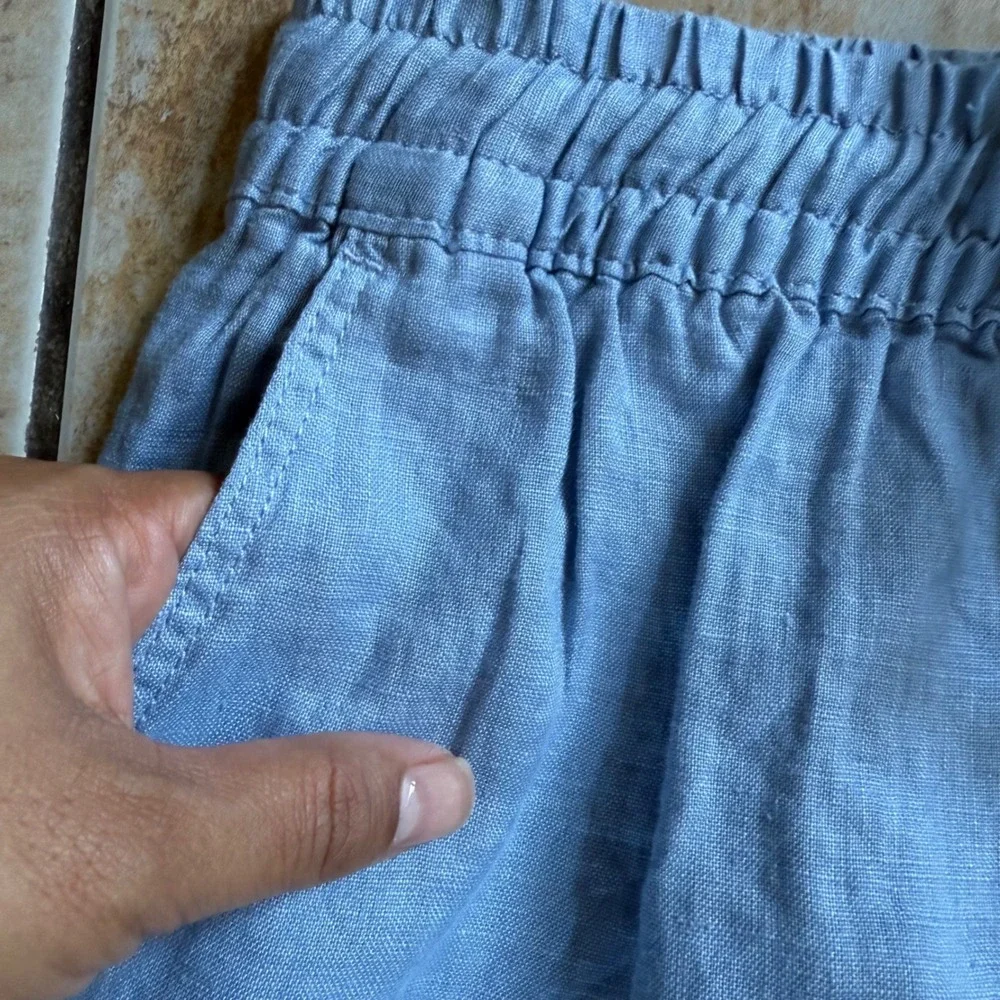 H&M 100% Linen Pants Womens XS Blue Drawstring Elastic‎ Waist Casual Lightweight